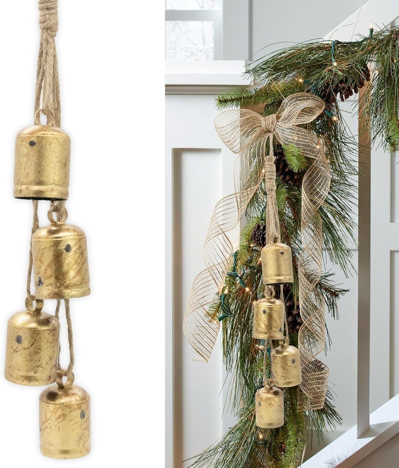 SUNYEAH Vintage Gold Bells with Jute Hanging Rope Christmas Tree Decor Lucky Cow Bell Decorative Wall Hanging Decor Witch Bells for Crafts Door Hangers - Image 1